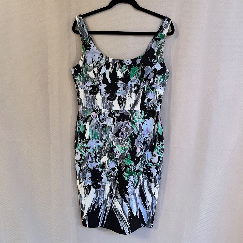 Milly Black Floral-Print Midi Dress with Green and White Brushstroke Accents - Picture 2 of 14